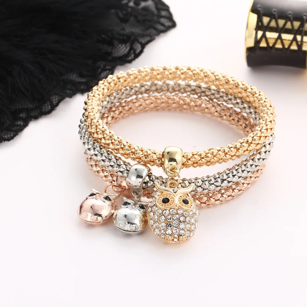 3 шт./компл. кристальная сова очарование Браслеты& Bangles, золото/покрытый серебром Слон/Корона Подвески, цинковый сплав, стразы Браслеты для Для женщин