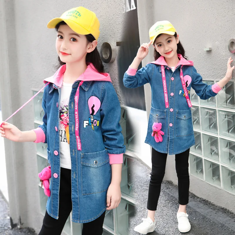 Girls Blue Jeans Jackets 2018 New Autumn Children Long Clothes Girl Kids Outerwear Coats Denim Sleeve Cartoon Jacket Hooded | Детская