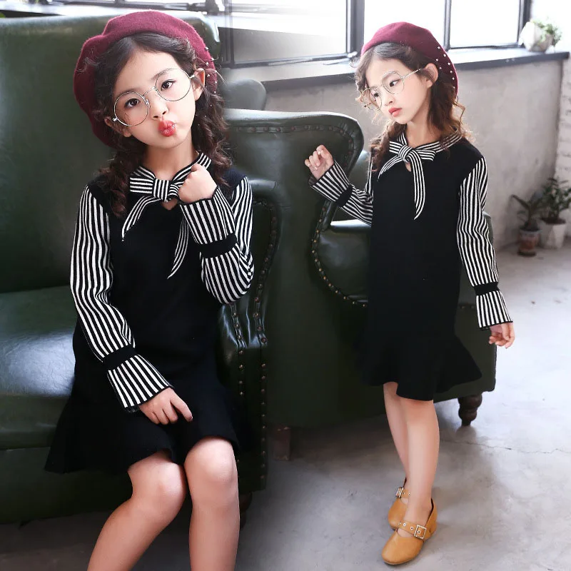 2018 New Spring Autumn Girl Sweater Dress Long Sleeve Knitted Kids Dresses For Girls Striped Casual 6 8 10 12 13 | Детская одежда и