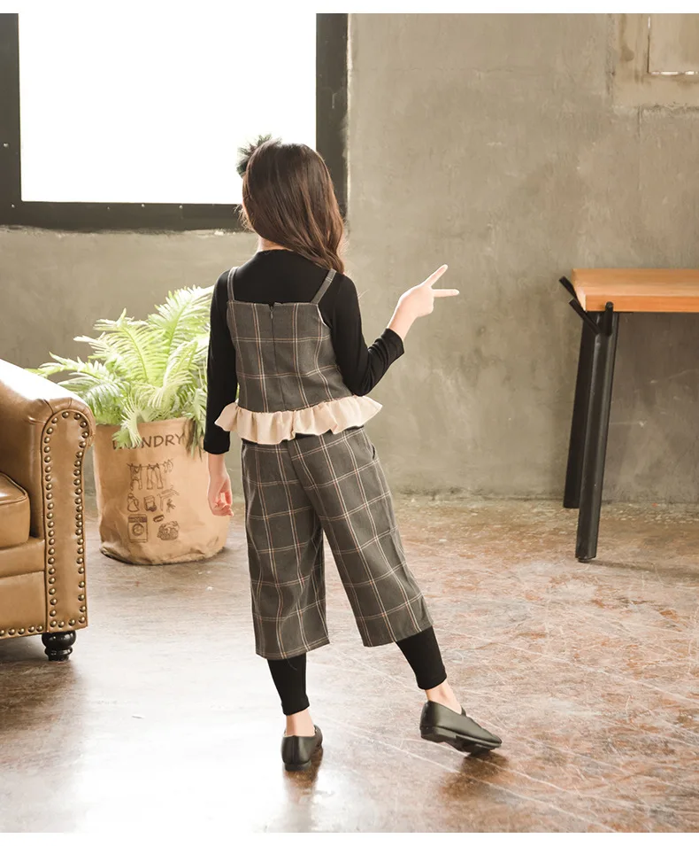 

2018 Spring Autunm Fashion Baby Girls Clothing Set 3pcs Children Classic Plaid Outfit Cotton Linen Teenager Suit 4-14yrs