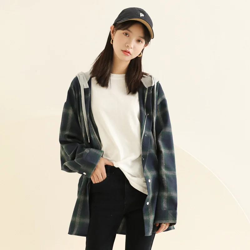 Womens Tops and Blouses Autumn Winter Vintage Plaid Long sleeve Shirt women Harajuku Hooded Shirts Plus size Female Blouse GP832 |