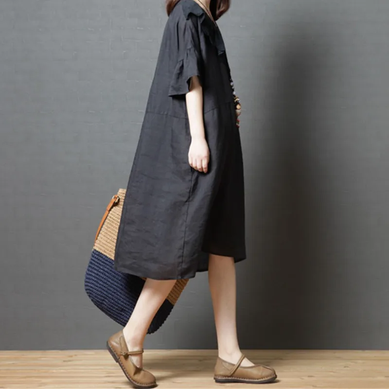 Mferlier Women Artsy Summer Dresses One Side Ruffles V Neck Short Sleeve Solid Casual Loose Female Retro Dress | Женская одежда