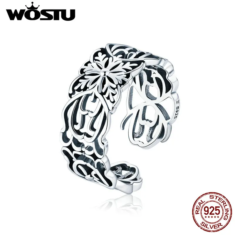 WOSTU, Ретро стиль, 925 пробы, серебряное цветочное кольцо на палец, регулируемый размер, кольца для женщин, Серебряное свадебное ювелирное изделие, подарок FIR500