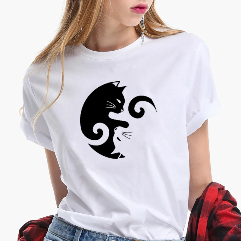 Yin and Yang Cat Футболка для женщин с коротким рукавом модные летние топы Повседневная
