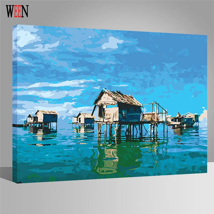 WEEN Sea House Pictures By Numbers DIY Handpainted Landscape Wall Canvas Art Digital Coloring by numbers Artwork For Room Gift | Дом и сад