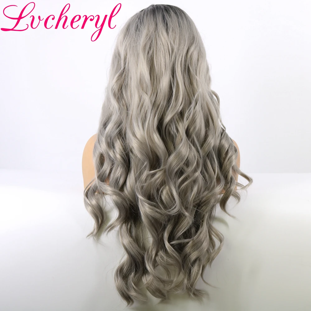 Lvcheryl Ombre Grey Hair Wigs Natural Wave Long Synthetic Lace Front Wigs High Temperature Fiber Hair Wigs for Women
