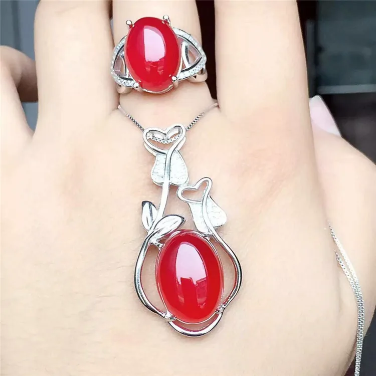 KJJEAXCMY boutique jewels 925 Pure silver inlay natural ruby medulla ring + pendant set inlay diamond vine alien goddess