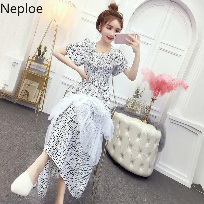 Neploe в горошек лоскутное женское платье Лето 2019 новый квадратный воротник