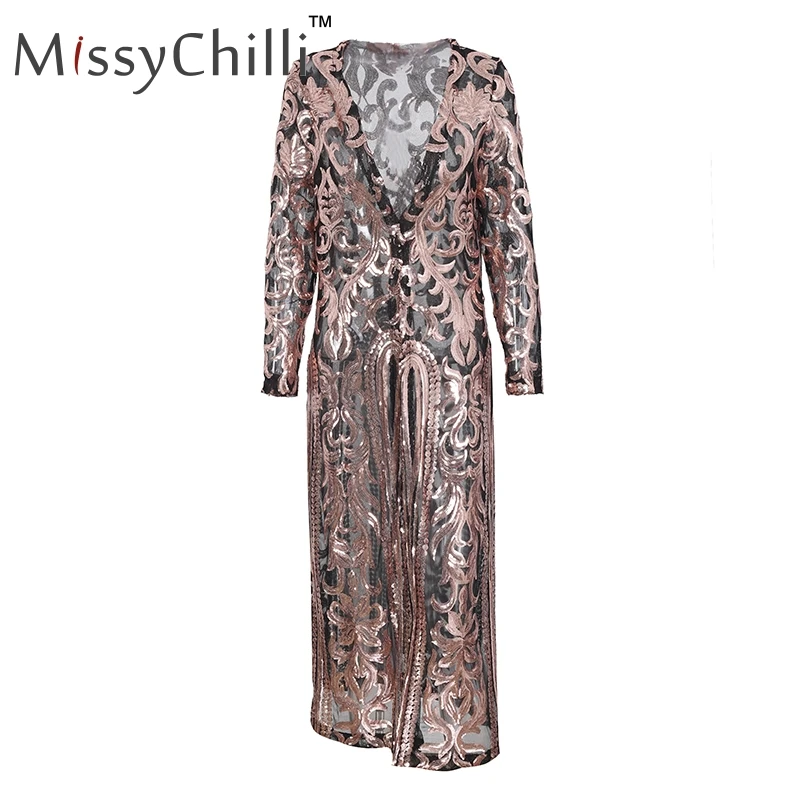 Черный MissyChilli, длинное Сетчатое пальто с блестками, тренч для женщин, прозрачная Цветочная вышивка, верхняя одежда и пальто, модные летние вечерние, модная одежда - Цвет: Черный