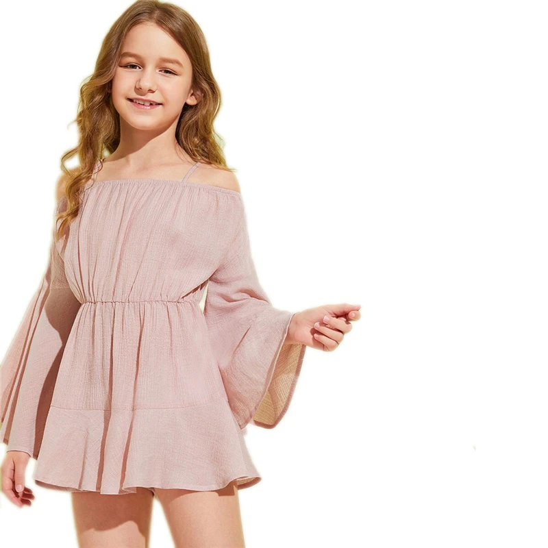 SHEIN детский розовый однотонный пляжный комбинезон с открытыми плечами для девочек, Boho, летний праздничный комбинезон с широкими штанинами и рукавами-воланами для детей