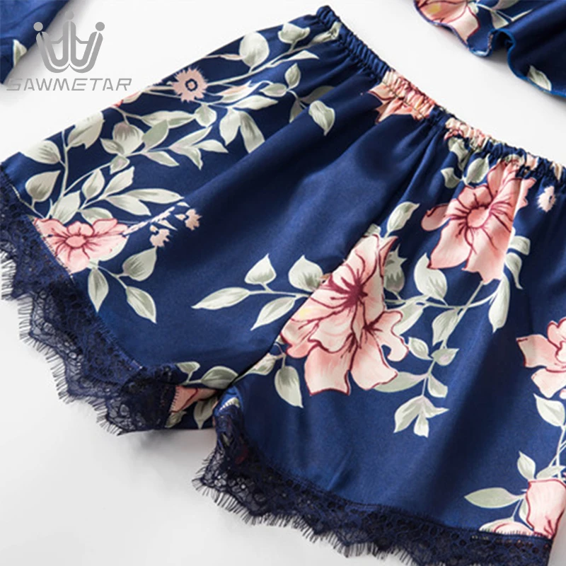 Women 5 Pieces Sexy Satin Sleepwear Silk Pajamas Sets Lace Woman Robe Floral Sleeveless Spaghetti Strap Pyjama With Chest Pads