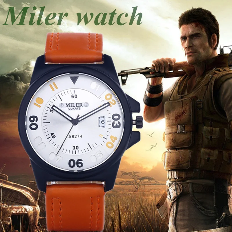 

Мужские часы Miler, спортивные военные часы с кожаным ремешком, Модные кварцевые наручные часы с календарем и круглым циферблатом