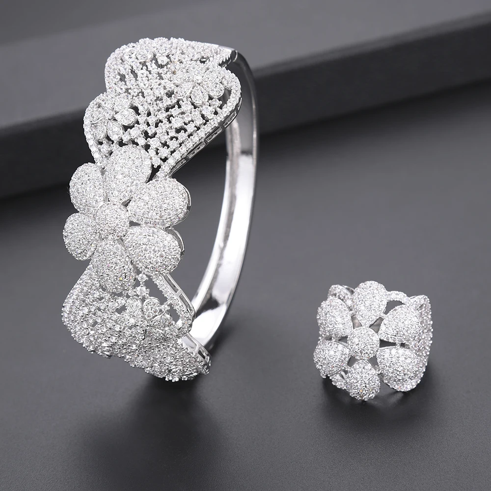 

Siscathy 4PCS Luxury Big Flower Lariat Women Bridal Cubic Zirconia Dress Lariat Necklace Earring Dubai Statement Jewelry Set