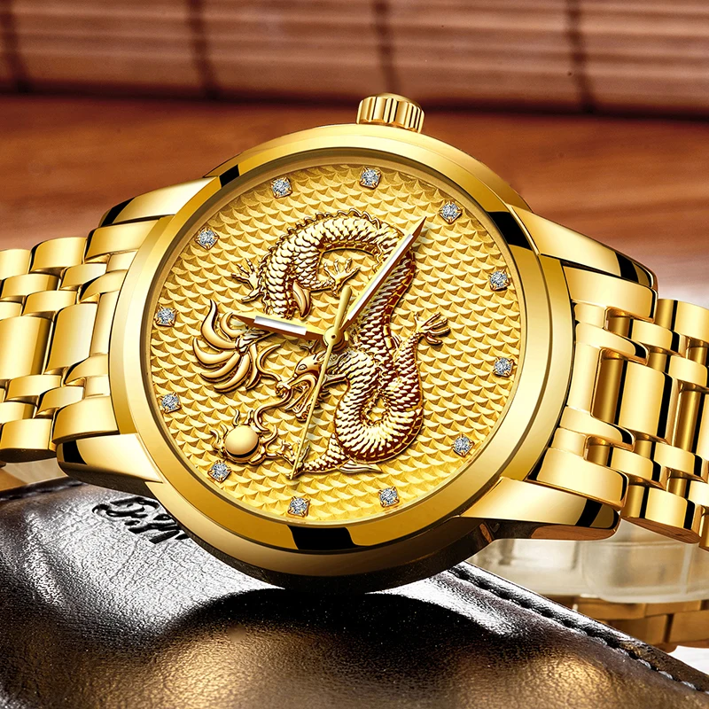 LIGE мужские часы лучший бренд Роскошные Кварцевые повседневные Золотые драконы