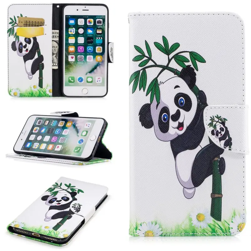 Leather Phone Cases for iPhone 7 7Plus Wallet Cover Cute Animals Owl Panda Ass Bamboo Flower Case Etui iPhone7 Plus Hoesjes | Мобильные