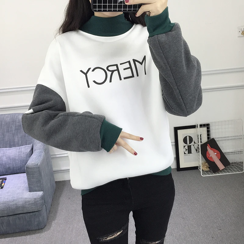 Autumn New Spell Color Stitching Harajuku Women Hoodies Pullover Fleece Loose Female Tracksuits Casual O Neck Sweatshirt | Женская