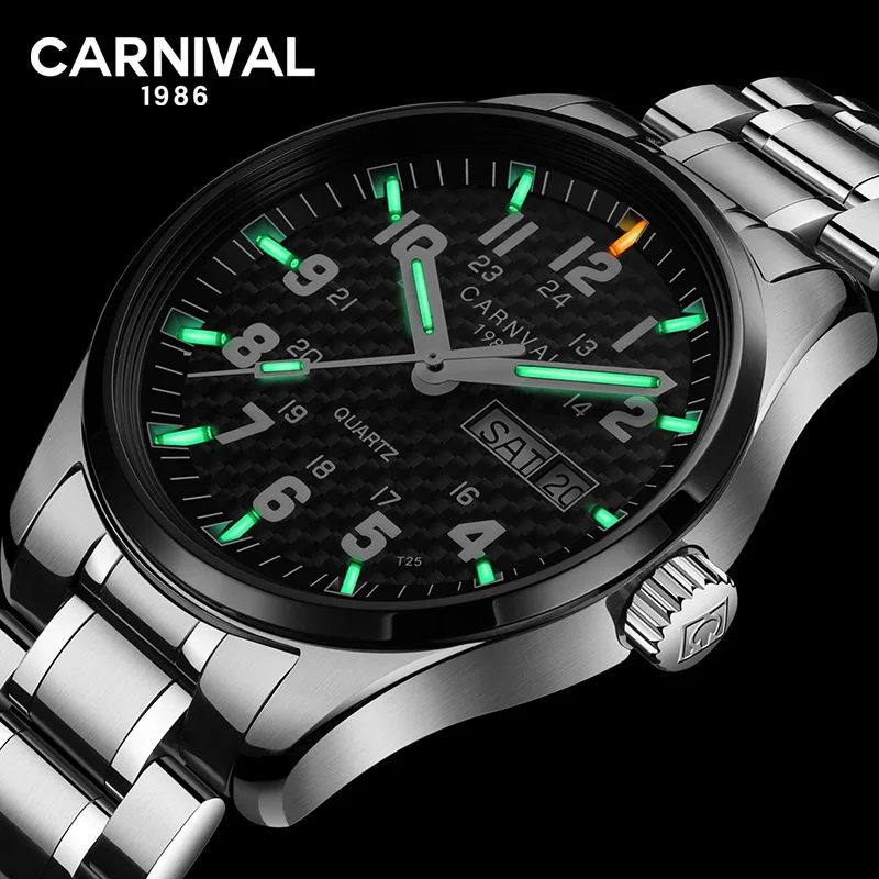 Carnival T25 мужские часы светящиеся кварцевые с Тритием и газом модные