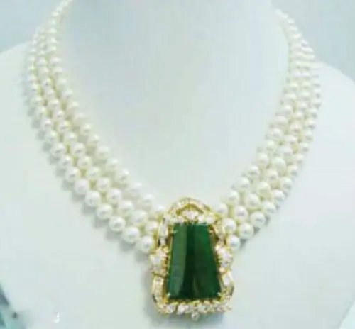 Хороший слово природный 3 ряда(ов) белый жемчуг джейд свадьба ожерелье gem 18 К GP