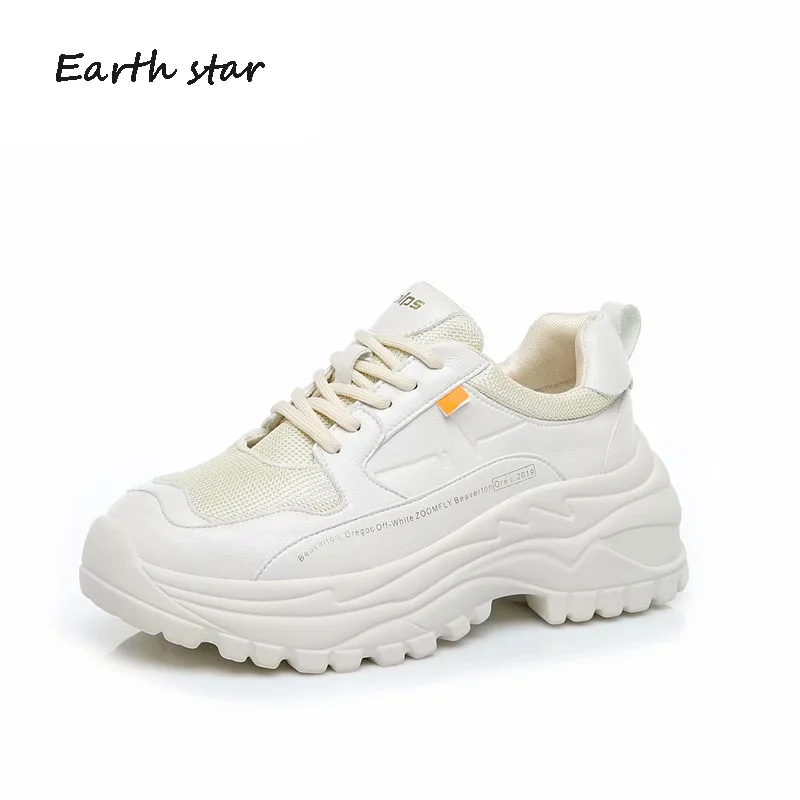 

EARTH STAR Platform Shoe Women Fashion Brand White Sneaker Real Leather Lady chaussure Autumn Female footware Breathable Quality