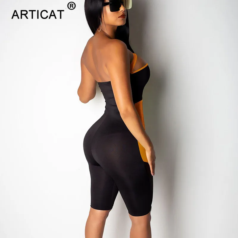 Articat сетки лоскутное без бретелек Bodycon комбинезон для женщин с открытыми плечами прозрачные летние женские комбинезоны с открытой спиной костюм для вечеринки