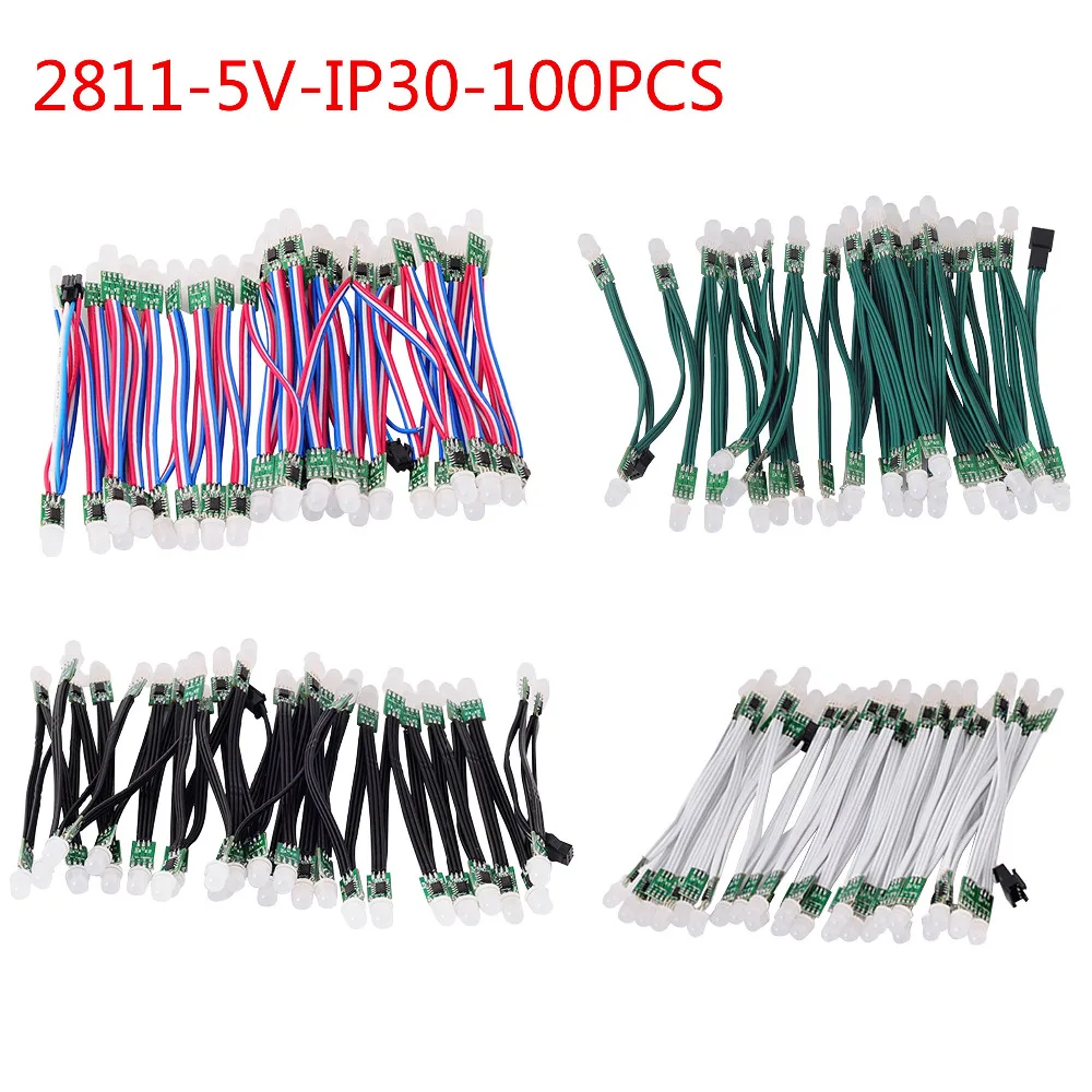 100 шт. 9 мм WS2811 Светодиодный модуль, черный/зеленый/белый/RGB провод, 2811 IC RGB цифровой светодиодный модуль пикселей, адресуемый полноцветный, IP30, DC5v