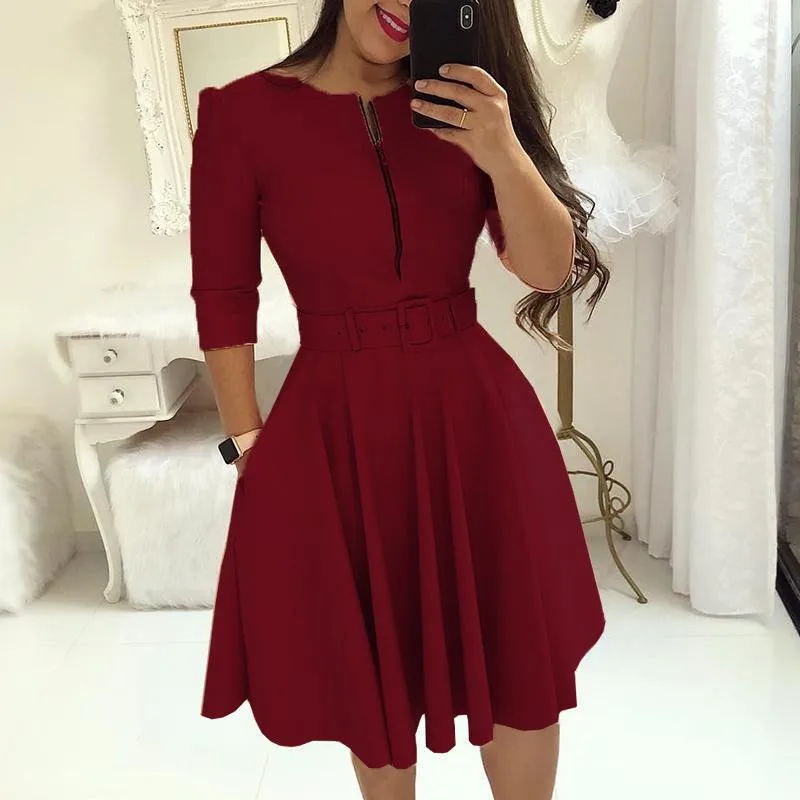 Jrnnorv Fashion Women Solid Color Half Sleeve Ruffle Party Dress Summer Elegant Casual Zipper Dresses With Belt | Женская одежда