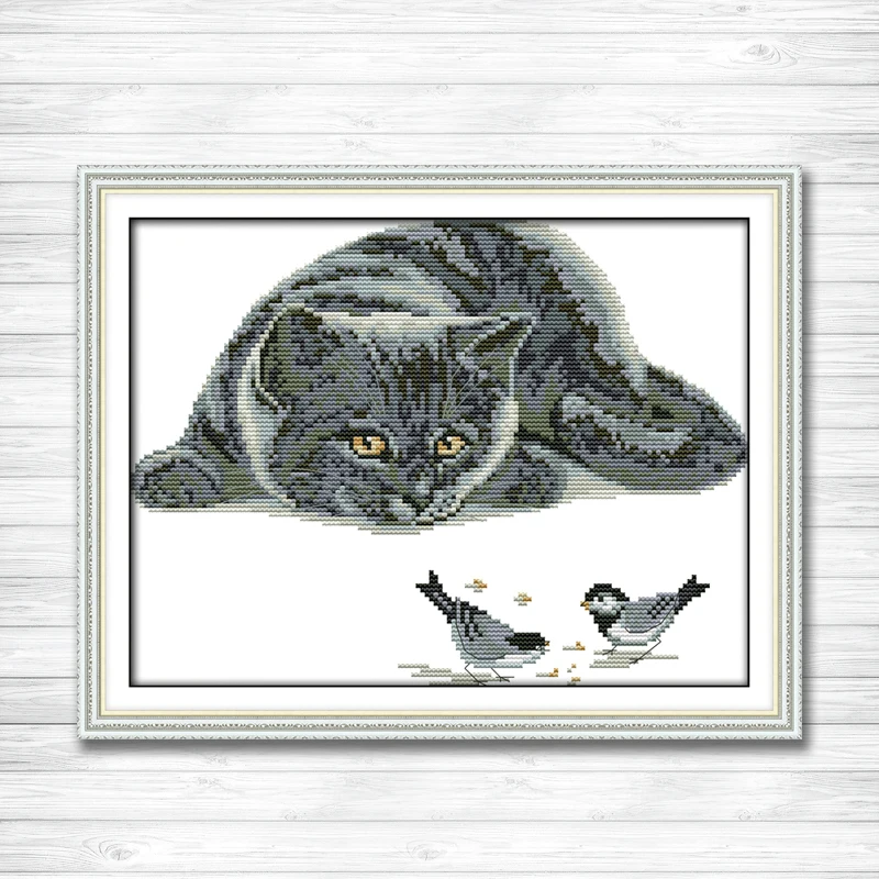 Любопытный Кот и Декор птиц картина Счетный напечатанный на холсте DMC 14CT 11CT DMS