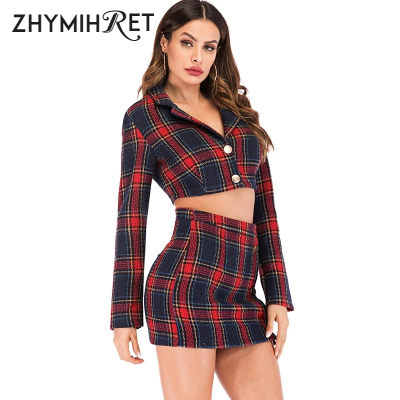 ZHYMIHRET осенне-зимний комплект из 2 предметов, клетчатое платье, укороченный топ, Женская куртка с длинным рукавом и юбка-карандаш, комплект из двух предметов, подходящие комплекты