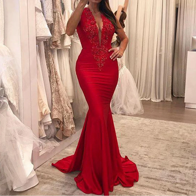 

2021 Red Deep V Neck Prom Dresses Beaded Appliques Mermaid Sleeveless Formal Occasion Evening Gowns Custom Made Zipper Back