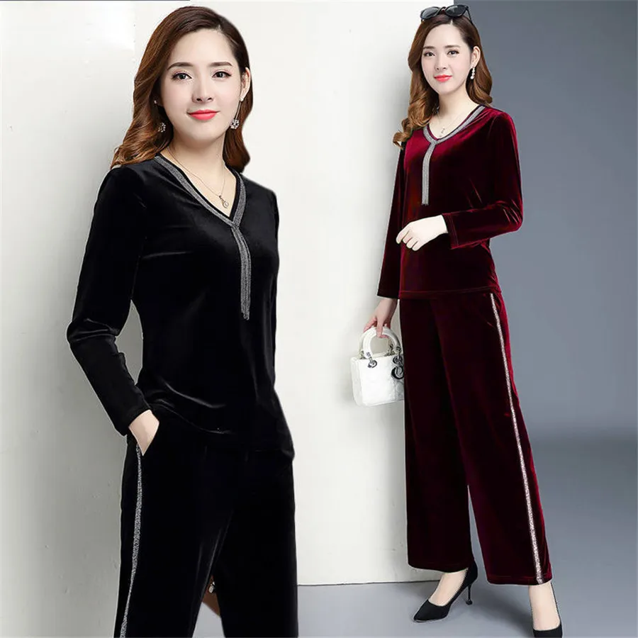 

Women Tracksuit 2021 New Fashion Elegant Velvet stripe Pant Sets Casual 2 Piece Set Women V-neck Tops Wide Leg Pants Suit M-4XL