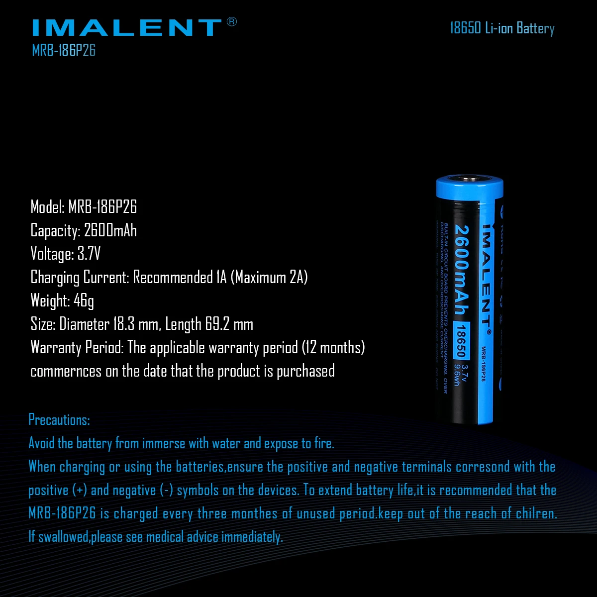Imalent оригинальный MRB 186P26 18650 2600 Мощная батарея емкостью 6300 мaч литий ионные