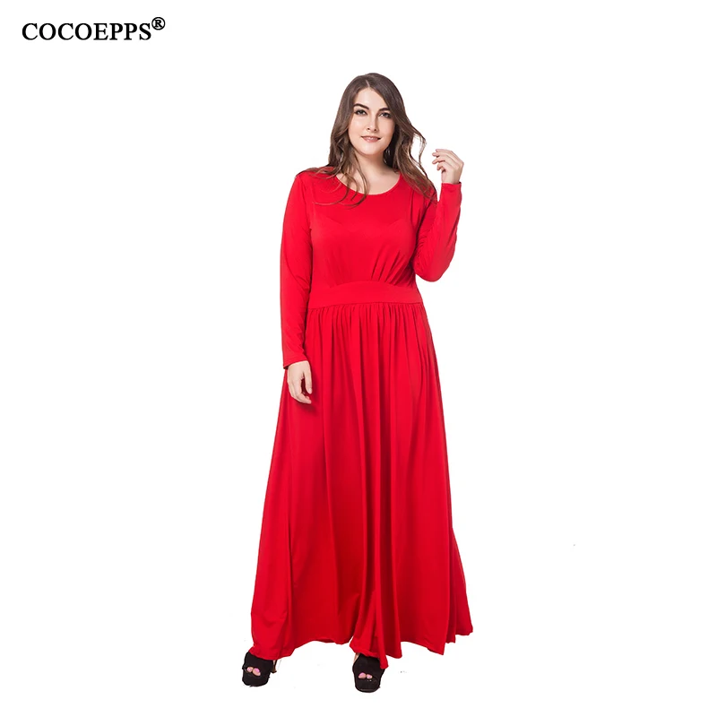 

Big Size Women Long Dress long sleeve Elegant Maxi Dress 3XL 4XL Blue Red Casual t shirt Dress plus size women clothing 2019