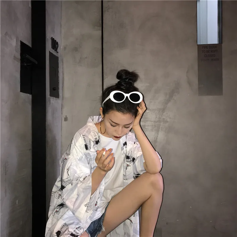 Женское кимоно Харадзюку пальто кардиган с принтом крана открытый японский