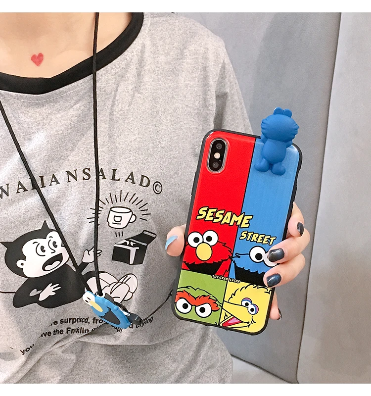 SAM S10 plus Cute 3D Sesame Street phone case For Samsung Galaxy S7 Edge S8 S9plus S10E note8/note9 Cartoon back cover + strap |
