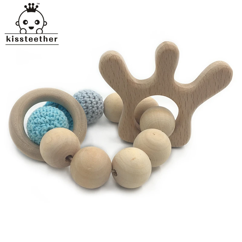Pulsera de madera con forma de Animal para beb&eacute;, mordedor ecol&oacute;gico, juguete de dentici&oacute;n infantil, brazalete con forma de sonajero, regalo-4
