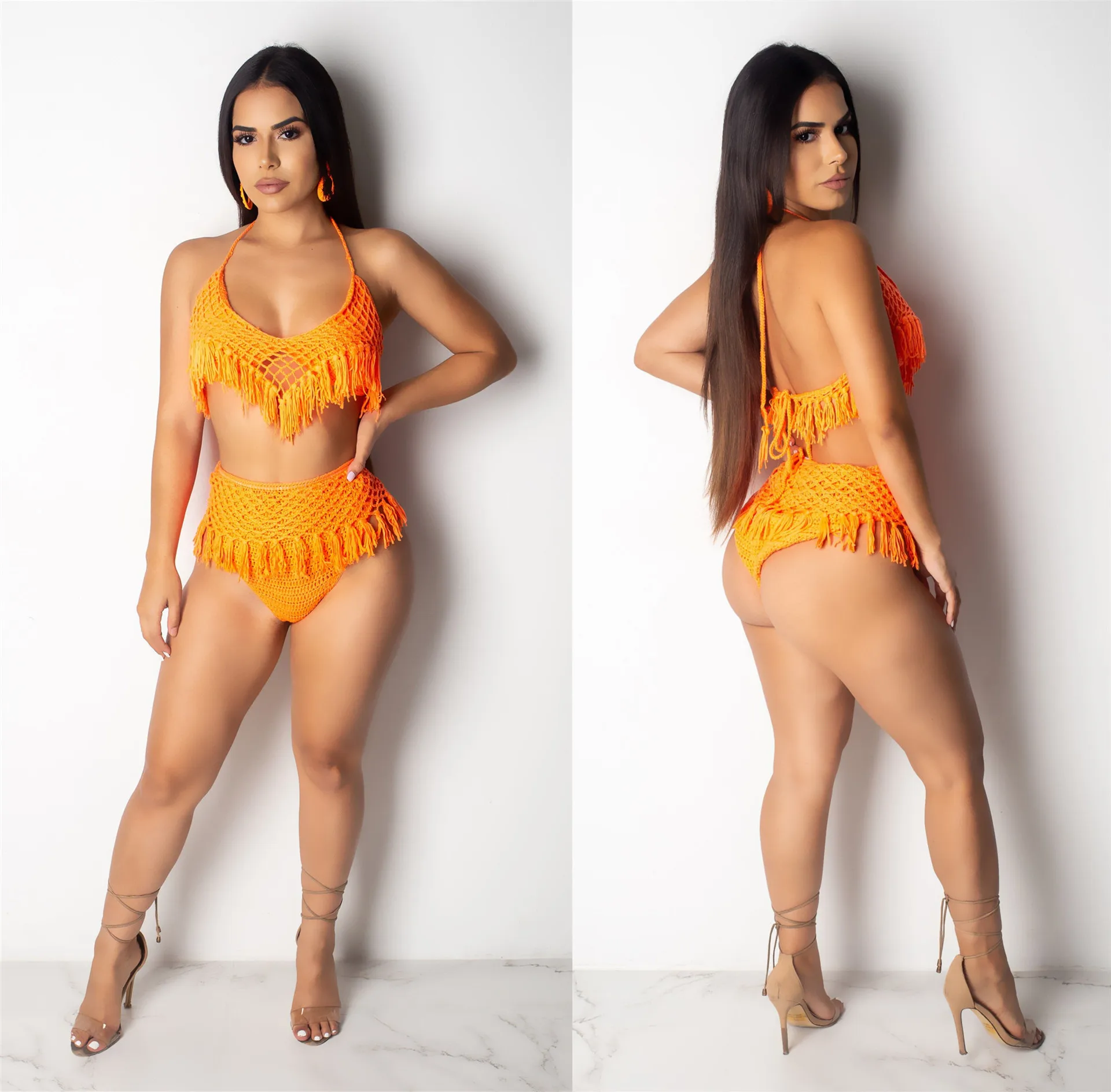 

Sexy Orange Halter Sleeveless Crochet Crop Top With Shorts Two Piece Suits Fashion Hollow Out Tassel Backless Women Sets