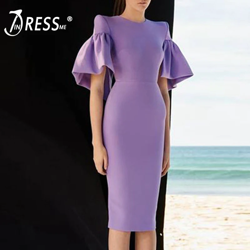 Женское облегающее платье миди INDRESSME фиолетовое офисное с круглым вырезом