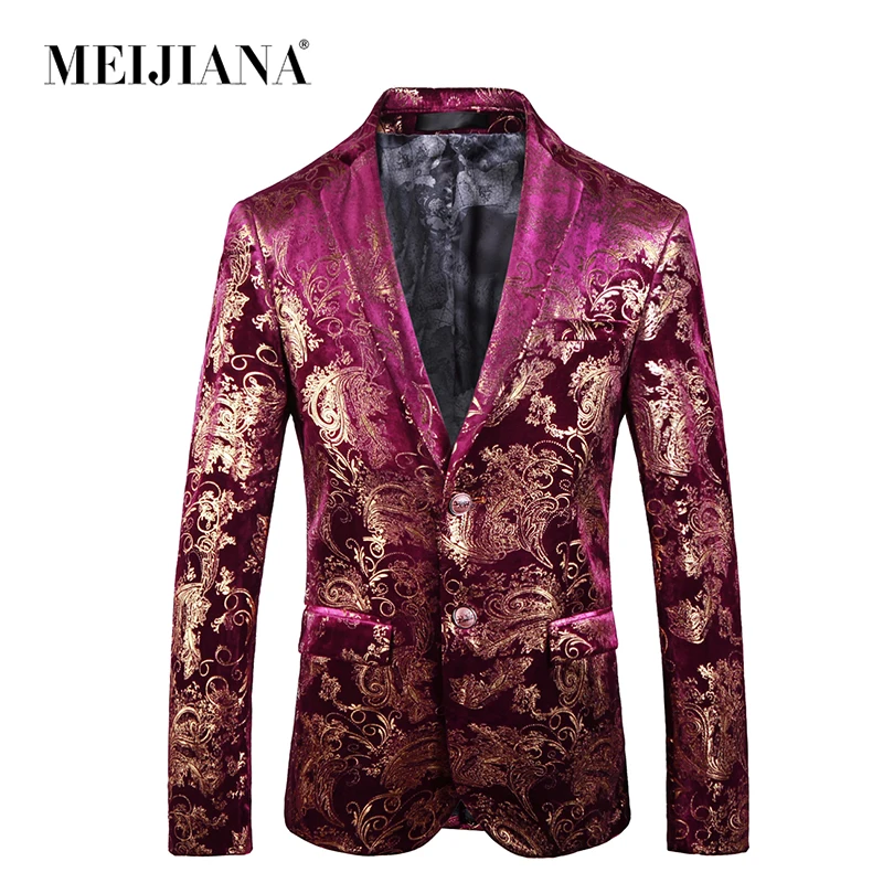 

MEIJIANA 2019 Costume Male Jacket Wine Red Flower Print Groomsmen Wedding Blazers Evening Party Dress Suit Blazer Masculino