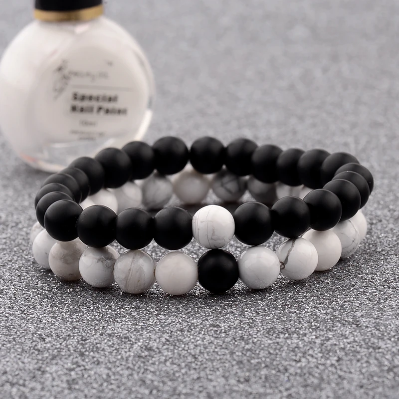 Amader Charm браслет для пары Classic натуральный камень белый и черный инь янь из бисера
