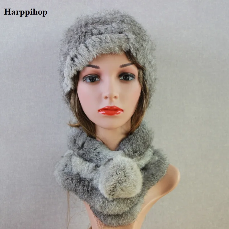 Шапка-шарф Harppihop Женская наборы шарфов из натурального кроличьего меха 2018 |