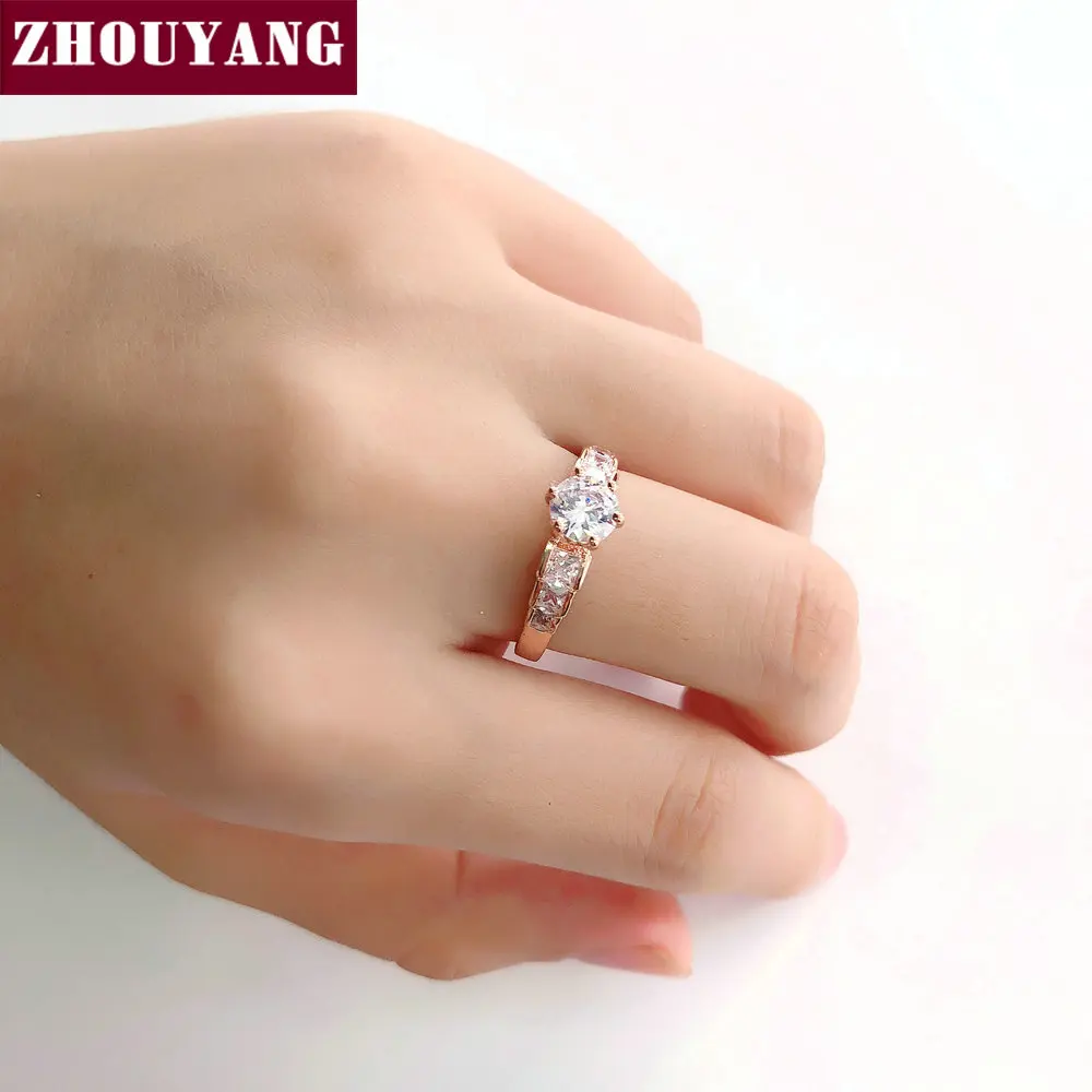 ZHOUYANG, обручальное кольцо для женщин, розовое золото, шесть когтей, кубический цирконий, круглая огранка, для помолвки, вечерние, подарок, модное ювелирное изделие R680