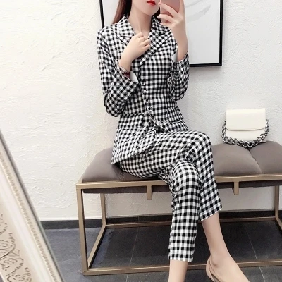 plaid Women Suit Sets Blazer &amp 9 points pants Work Pants Suits 2 Piece Office Lady Outfits summer New 2018 | Женская одежда