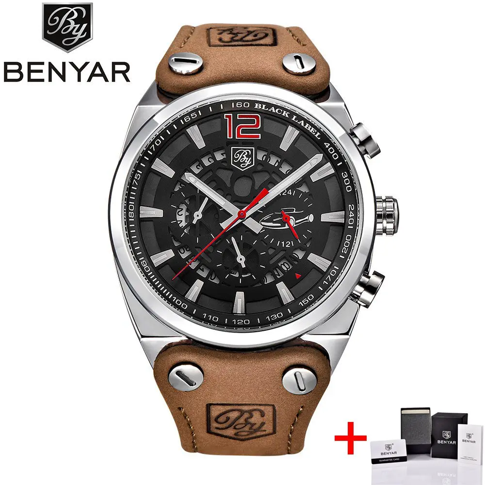 silver red BENYAR спортивные часы с большим циферблатом, мужские водонепроницаемые уличные военные часы с хронографом, кварцевые часы с кожаным ремешком, армейские мужские часы, мужские часы - Цвет: silver red
