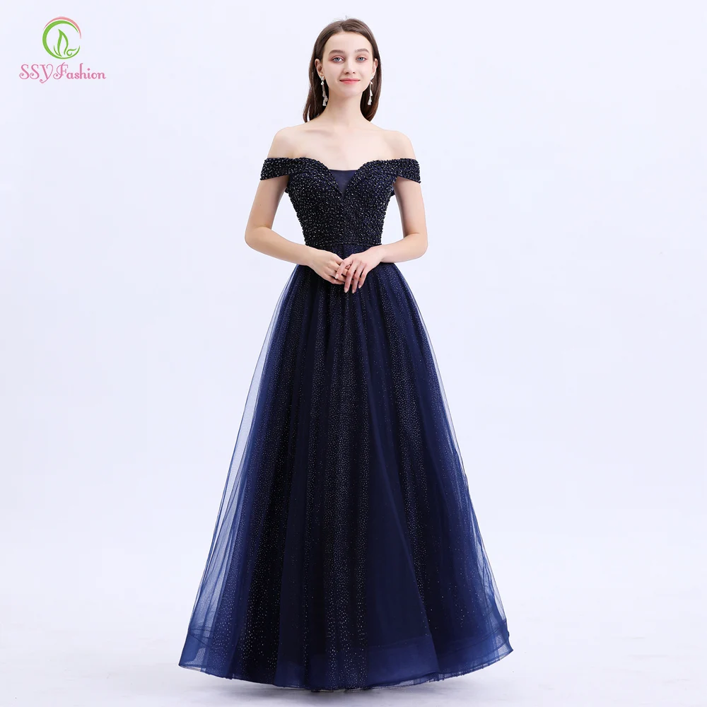 SSYFashion, новинка, Платья для особых случаев, женские, элегантные, темно-синие, с вырезом лодочкой, с блестками, с бисером, вечерние, вечерние платья, Vestido De Noche