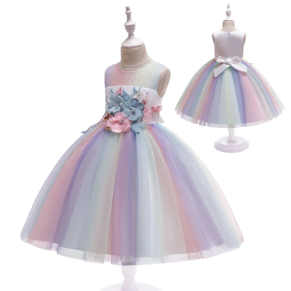 

New Girls Party Dress Kids Flower Applique Bodice Rainbow Tulle Birthday Wedding Dress Girls Graduation Clothing