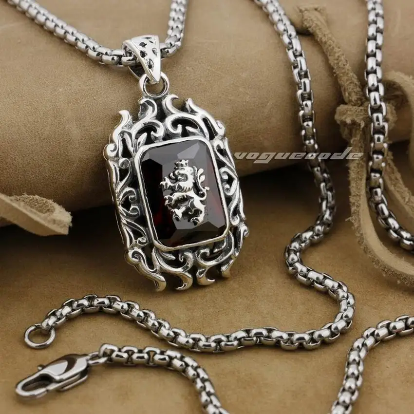 Pendant and 24 inch LINSION 925 пробы Серебряный лев в огне CZ камень мужские Байкер рок панк кулон 9E009 - Окраска металла: Pendant and 24 inch