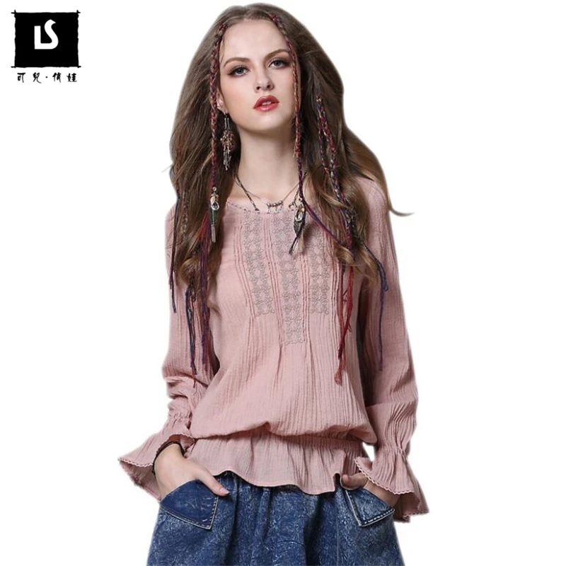 

Fashion Women Embroidery female White pink blouse shirt Casual Spring autumn Lotus leaf long sleeve blouse women tops blusas