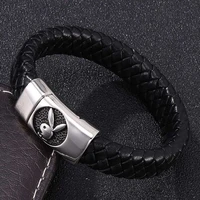 punk men leather bracelet rabbit stainless steel magnetic clasp charm bangles party jewelry gifts bb0258