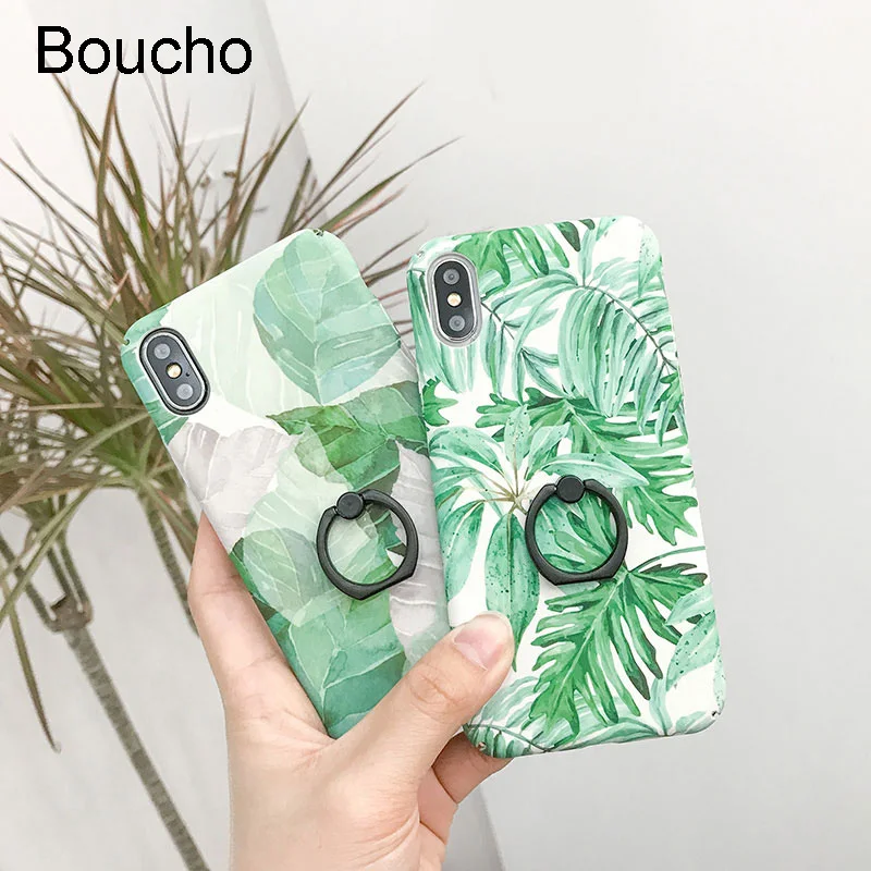 Boucho For iphone X Cases Fashion Artistic Leaf Matte Hard Plastic Ring Grip Phone Case iPhone 6 6s 7 8 Plus Back Cover |