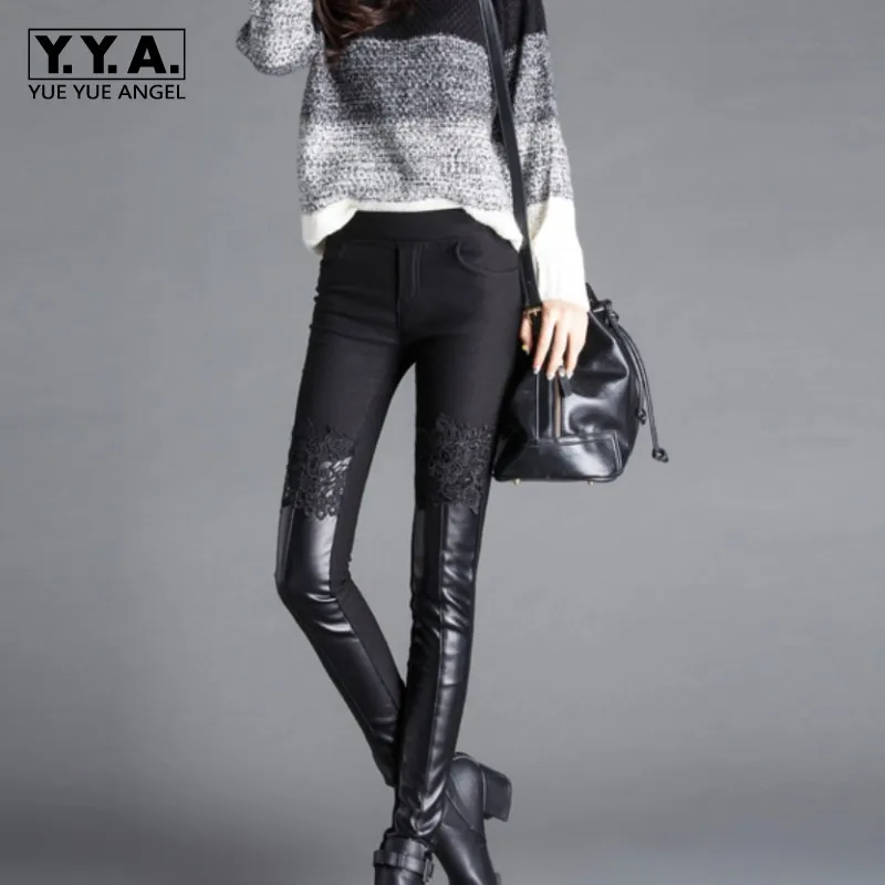 Женские облегающие брюки из искусственной кожи с флисовой подкладкой черного